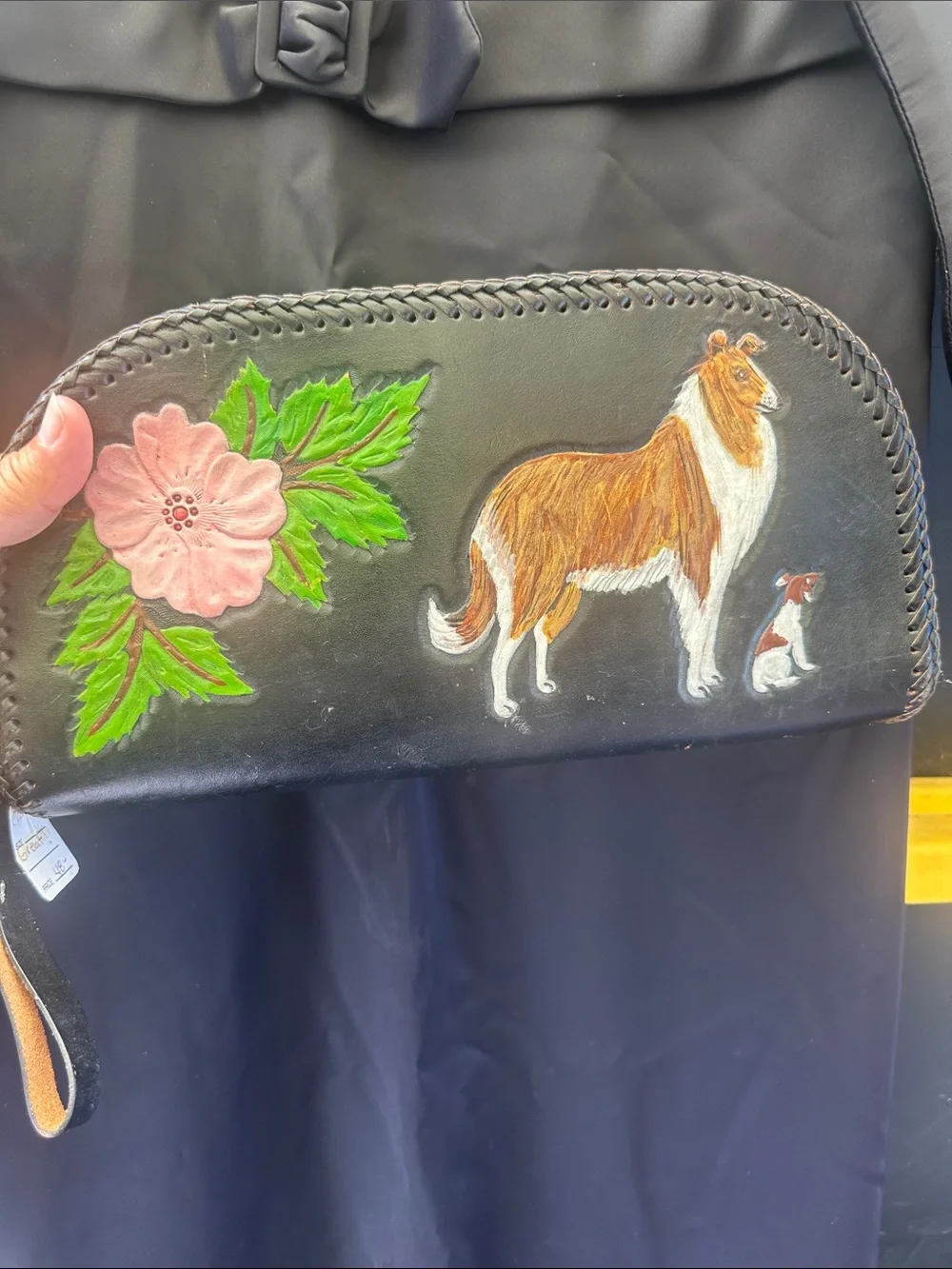 Hand-Painted Black Leather Clutch with Floral and Cat Motif